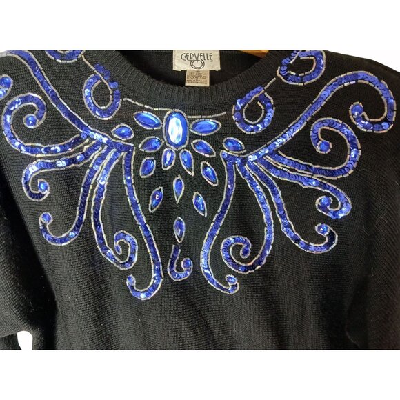 Vintage Cervelle Black Sweater Blue Sequins Beaded Size S Oversized Bedazzled - Picture 3 of 10